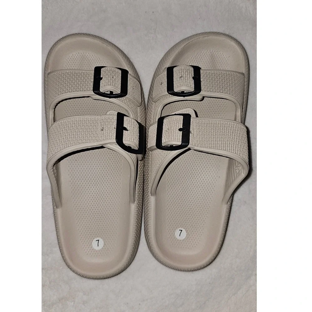 Beige Double Buckle Slide Sandals Womens Size 7 Mens 8 Comfort Foam Slides